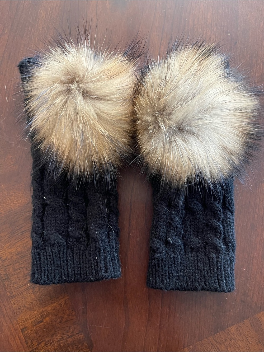 Black Kids Knit Mittens with Fur detachable Pom Pom